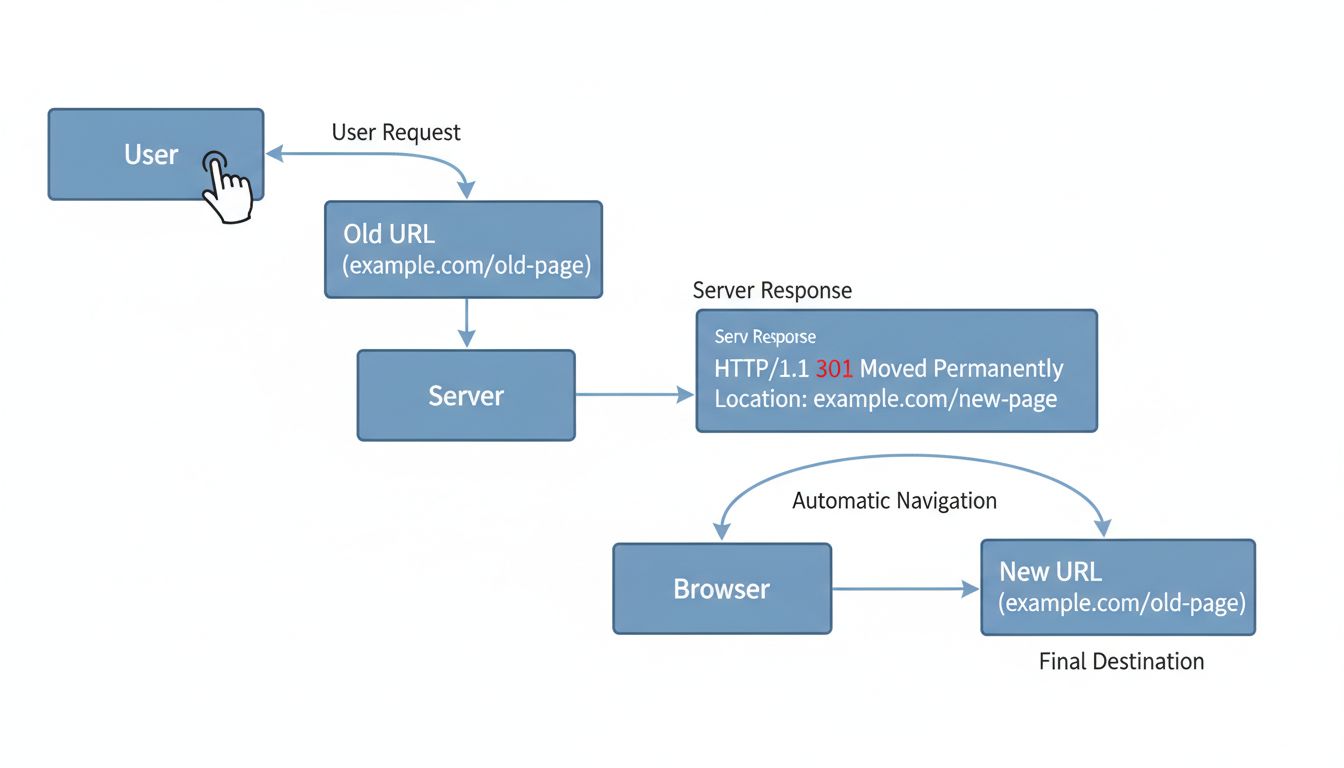 Technisches Diagramm, das den HTTP-Redirect-Fluss von der Benutzeranfrage über die Serverantwort bis zum endgültigen Ziel zeigt