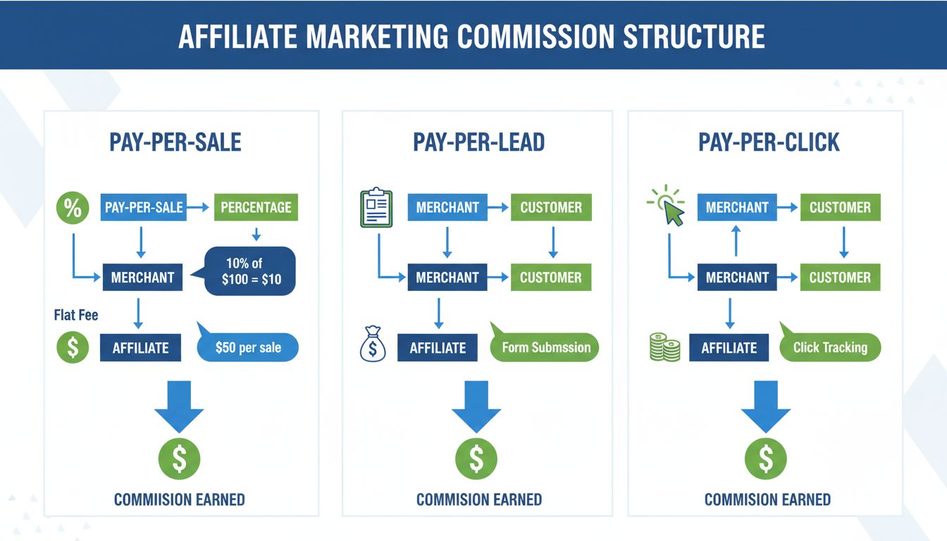 Infografik zur Provisionsstruktur im Affiliate-Marketing mit den Modellen Pay-per-Sale, Pay-per-Lead und Pay-per-Click sowie Beispielrechnungen