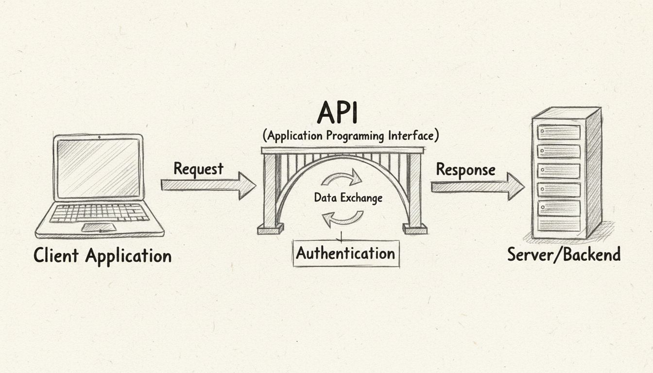 Handgezeichnetes Diagramm, das den API-Kommunikationsfluss zwischen Client-Anwendung, API-Bridge und Server mit Anfrage- und Antwort-Pfeilen zeigt