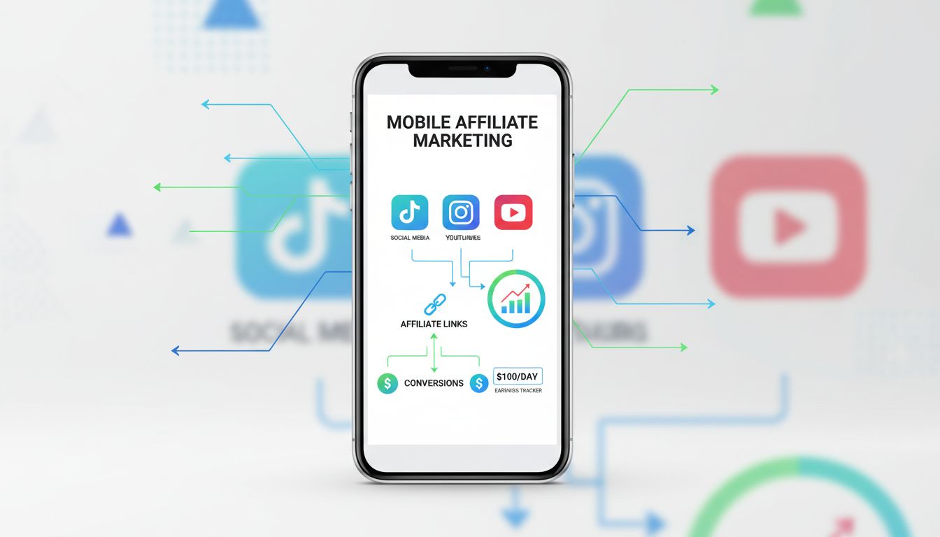 Ablauf mobiles Affiliate-Marketing mit Smartphone-Dashboard, Social-Media-Integration und Ertragsübersicht