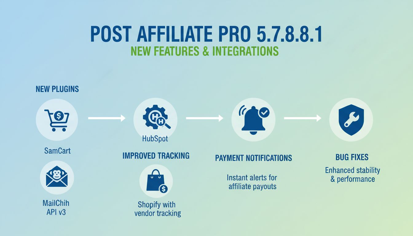 Post Affiliate Pro 5.7.8.1 neue Features Infografik mit SamCart, MailChimp API v3, HubSpot, Shopify-Integrationen und Zahlungsbenachrichtigungen