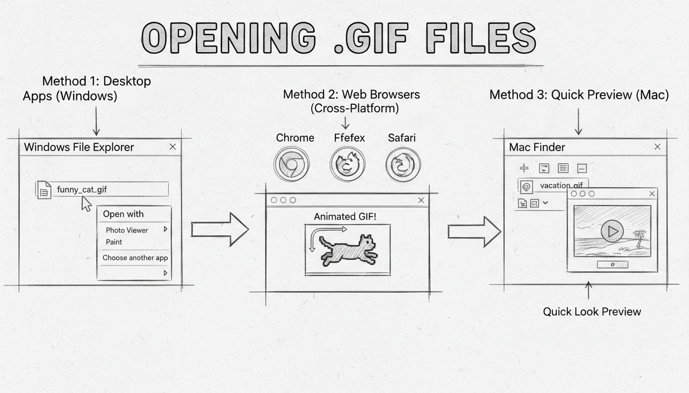 Handgezeichnetes Diagramm, das verschiedene Methoden zum Öffnen von GIF-Dateien unter Windows, Mac und Webbrowsern mit beschrifteten Schritten und Pfeilen zeigt