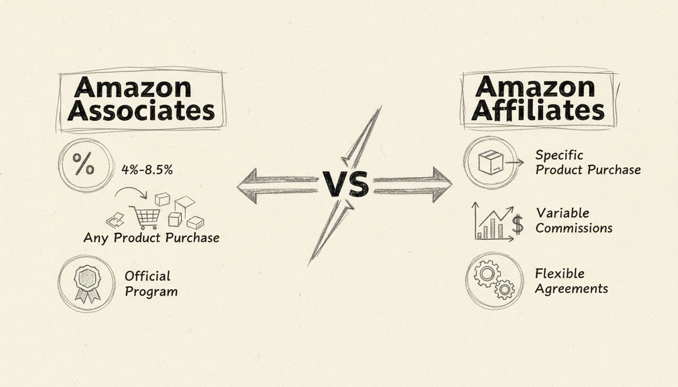 Handgezeichnetes Vergleichsdiagramm von Amazon Associates vs Amazon Affiliates zeigt Provisionsstrukturen und Verdienstmechanik