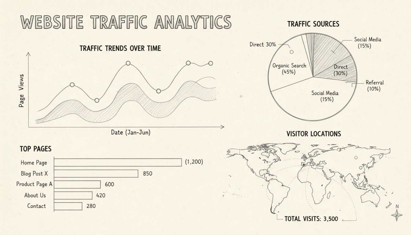 Dashboard zur Website-Traffic-Analyse mit Liniendiagrammen, Tortendiagrammen, Balkendiagrammen und Weltkarte mit Besucherstandorten