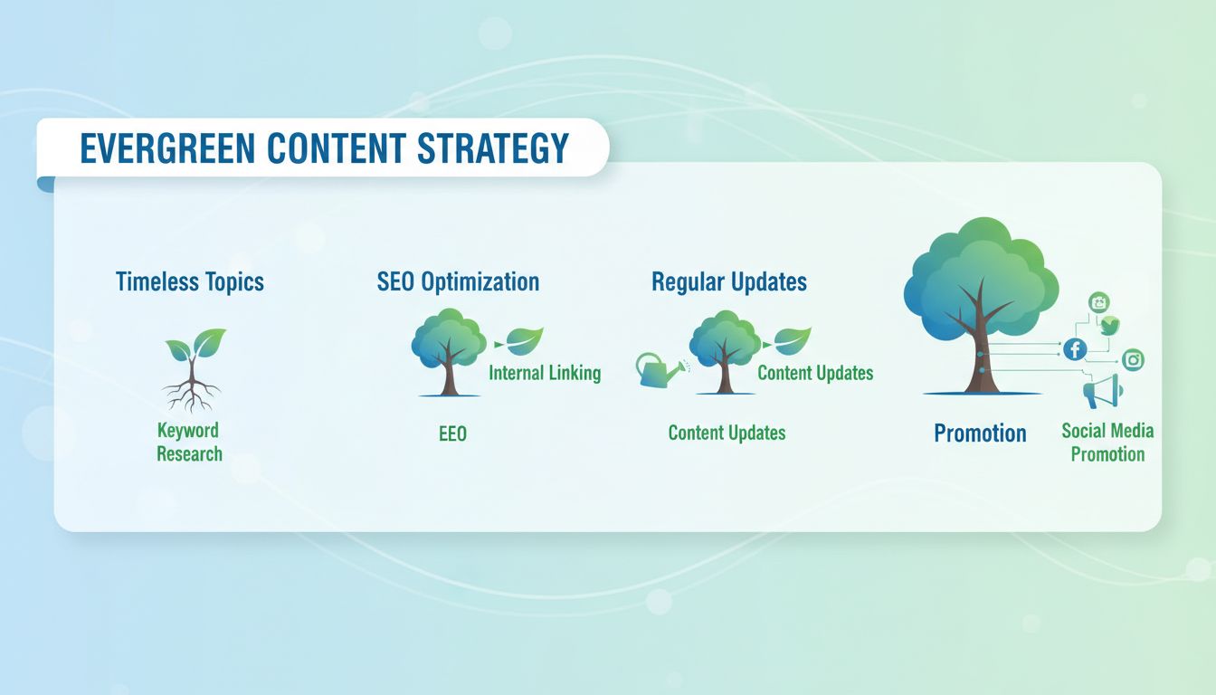 Evergreen-Content-Strategie Infografik mit zeitlosen Themen, SEO-Optimierung, regelmäßigen Aktualisierungen und Promotion-Techniken