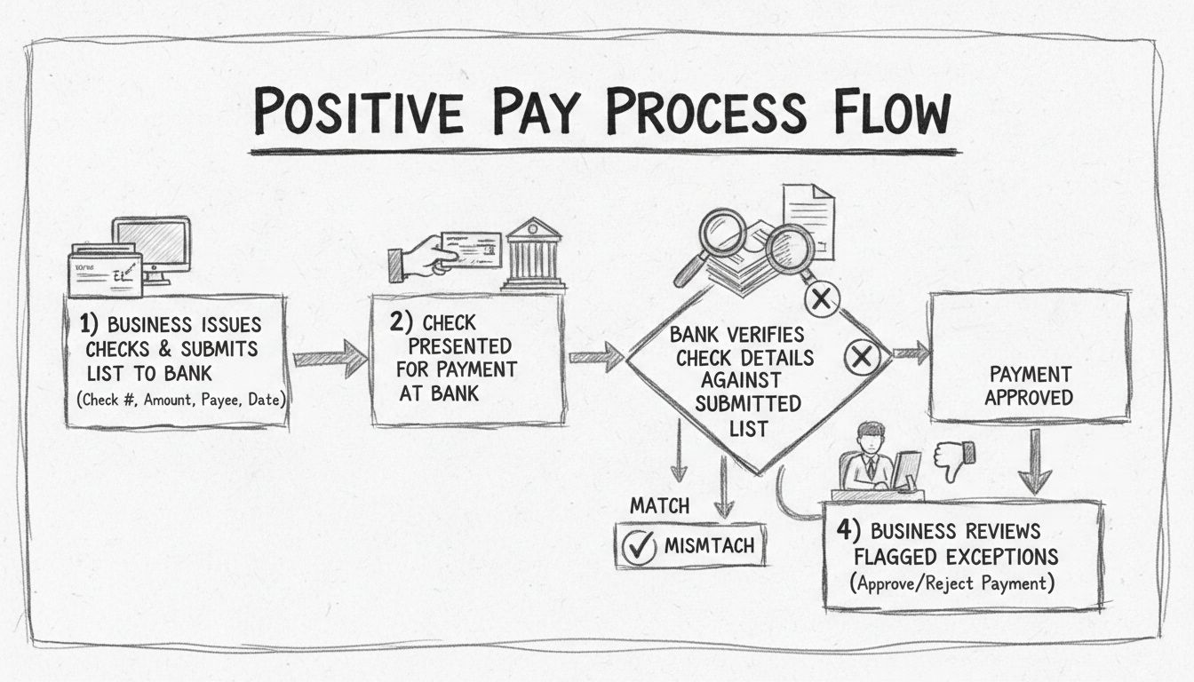 Ablaufdiagramm des Positive Pay-Prozesses mit vier Schritten: Scheckausstellung, Übermittlung an die Bank, Verifizierung und Überprüfung durch das Unternehmen