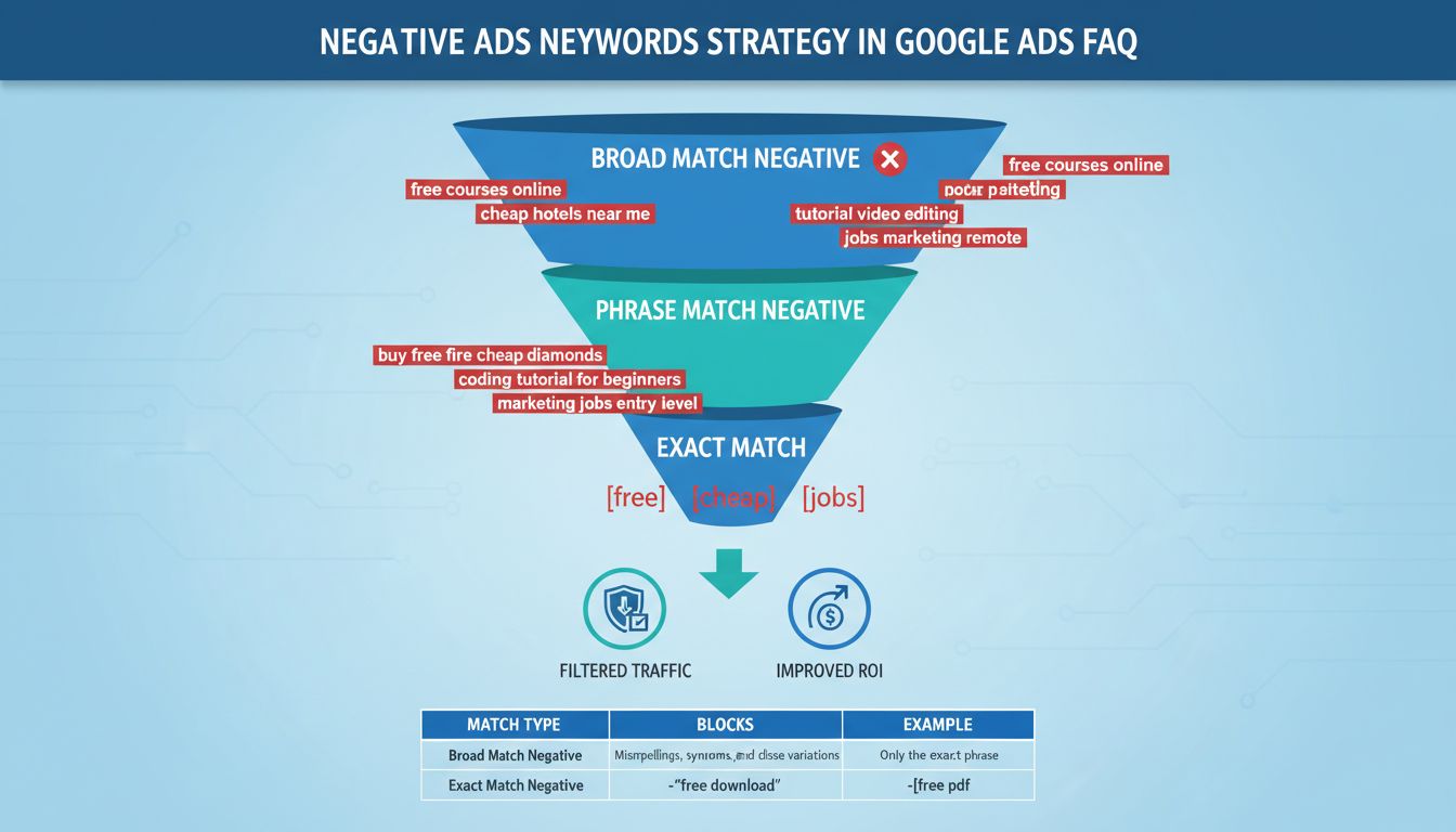 Infografik zur Strategie für negative Keywords, die Broad Match, Phrase Match und Exact Match Filterung mit Beispielen für blockierte Suchbegriffe zeigt