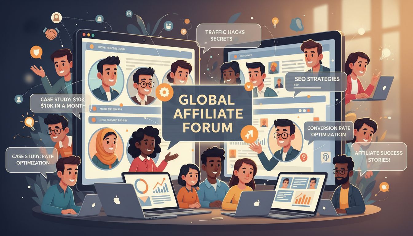 Vielfältige Affiliate-Marketer arbeiten in einer Online-Forum-Community zusammen, diskutieren Strategien und teilen Fallstudien