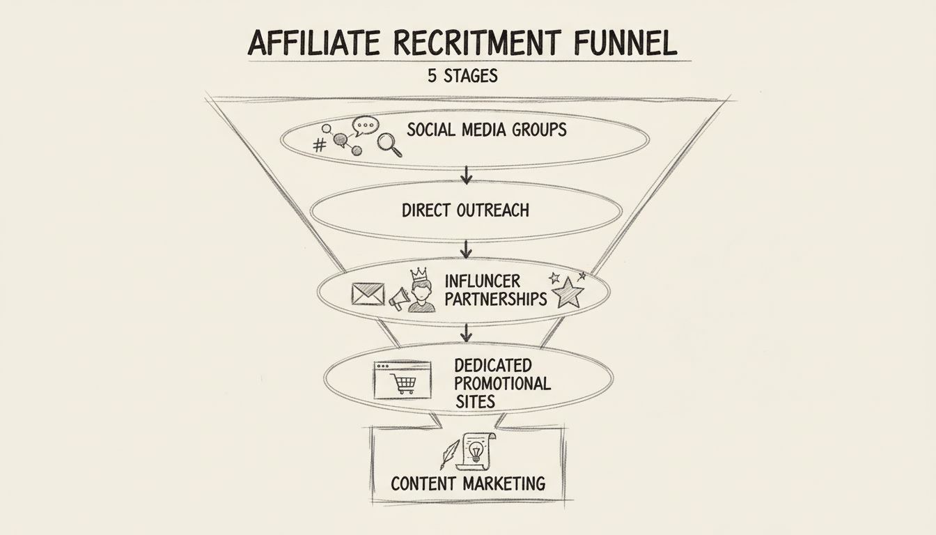 Affiliate-Recruitment-Funnel-Diagramm mit fünf Stufen: Social-Media-Gruppen, Direktansprache, Influencer-Partnerschaften, spezialisierte Promo-Seiten und Content-Marketing