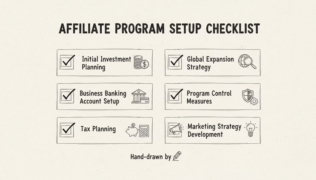 Affiliate-Programm-Setup-Checkliste mit Anfangsinvestitionsplanung, Geschäftsbanking, Steuerplanung, globaler Expansion, Programmkontrolle und Marketingstrategie
