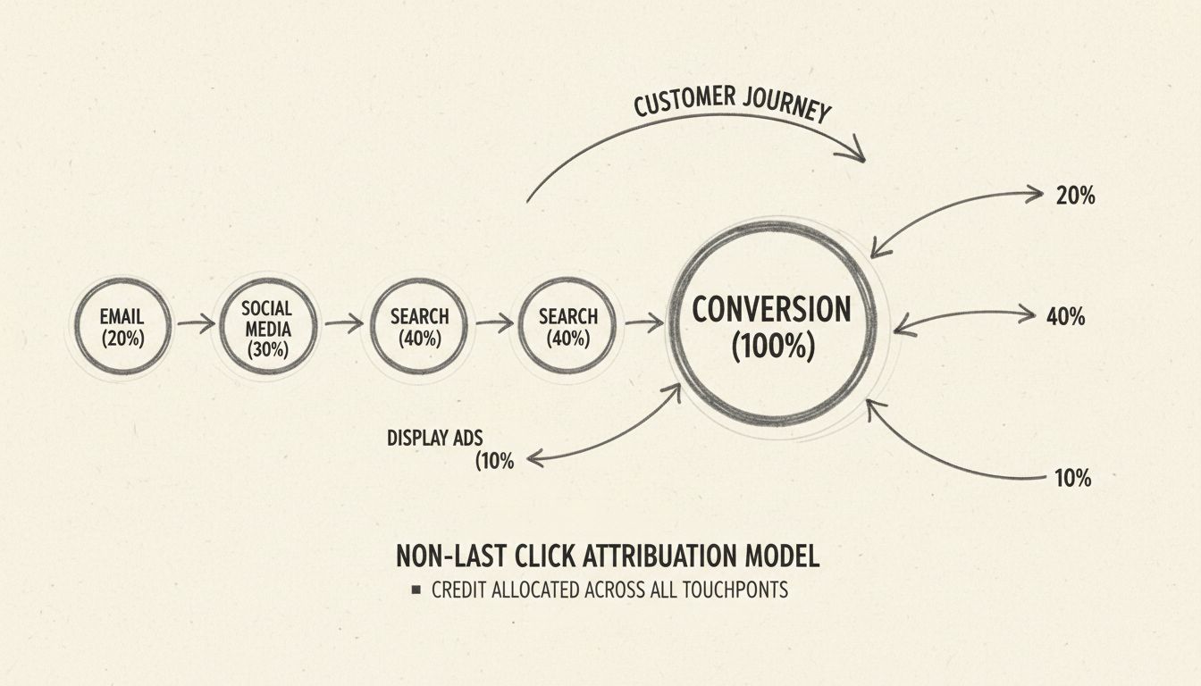 Diagramm des Nicht-Last-Click-Attributionsmodells mit mehreren Marketing-Berührungspunkten und Kreditverteilung über verschiedene Kanäle