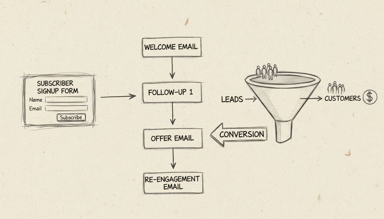 Diagramm des E-Mail-Autoresponder-Workflows mit Abonnentenanmeldung, automatisierter E-Mail-Sequenz und Conversion-Funnel