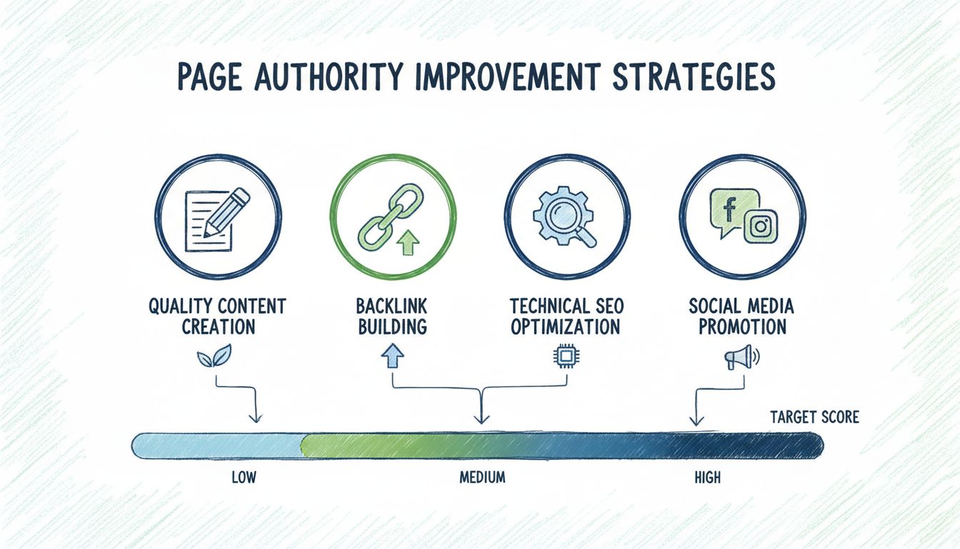 Infografik zu Strategien zur Verbesserung der Seitenautorität mit hochwertiger Inhaltserstellung, Backlink-Aufbau, technischer SEO-Optimierung und Social-Media-Promotion sowie PA-Skala