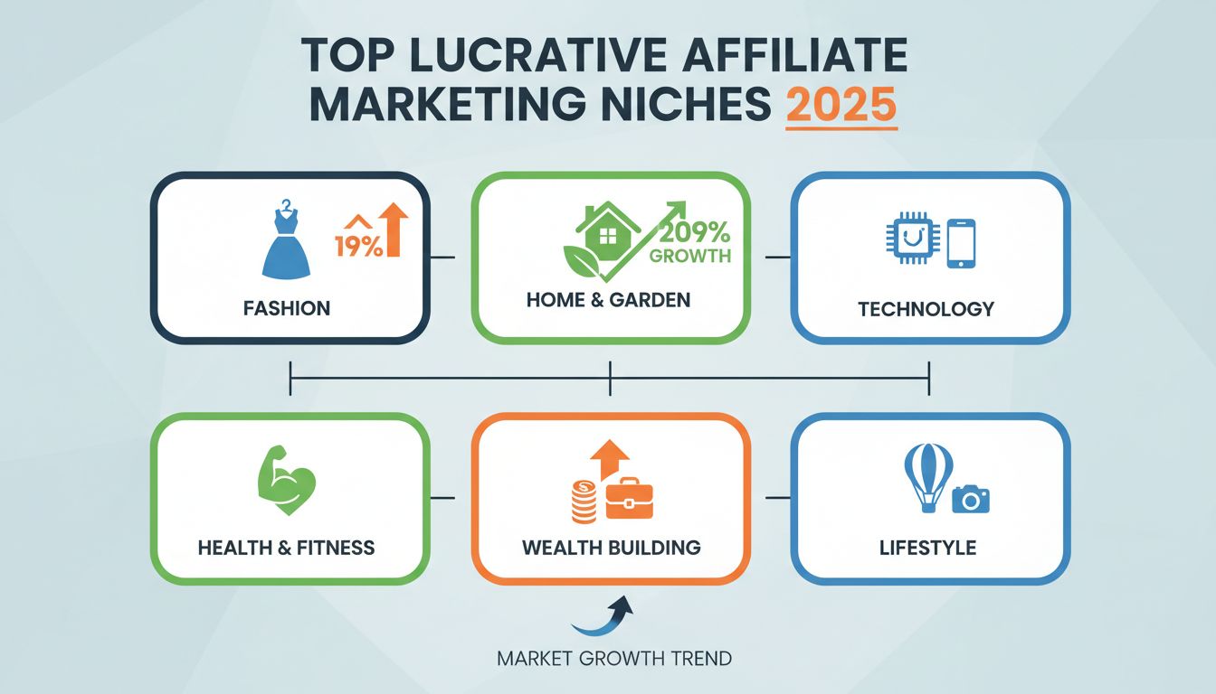 Top lukrative Affiliate-Marketing-Nischen 2025, darunter Mode, Haus und Garten, Technologie, Gesundheit und Fitness, Vermögensaufbau und Lifestyle