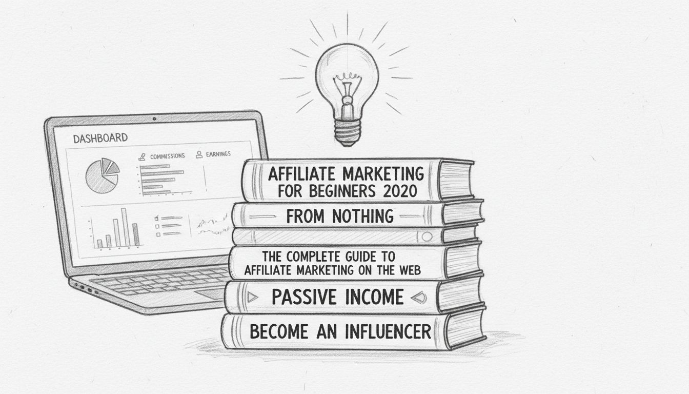 Stapel von Affiliate-Marketing-Büchern mit Glühbirne als Symbol für Lernen und Wissen