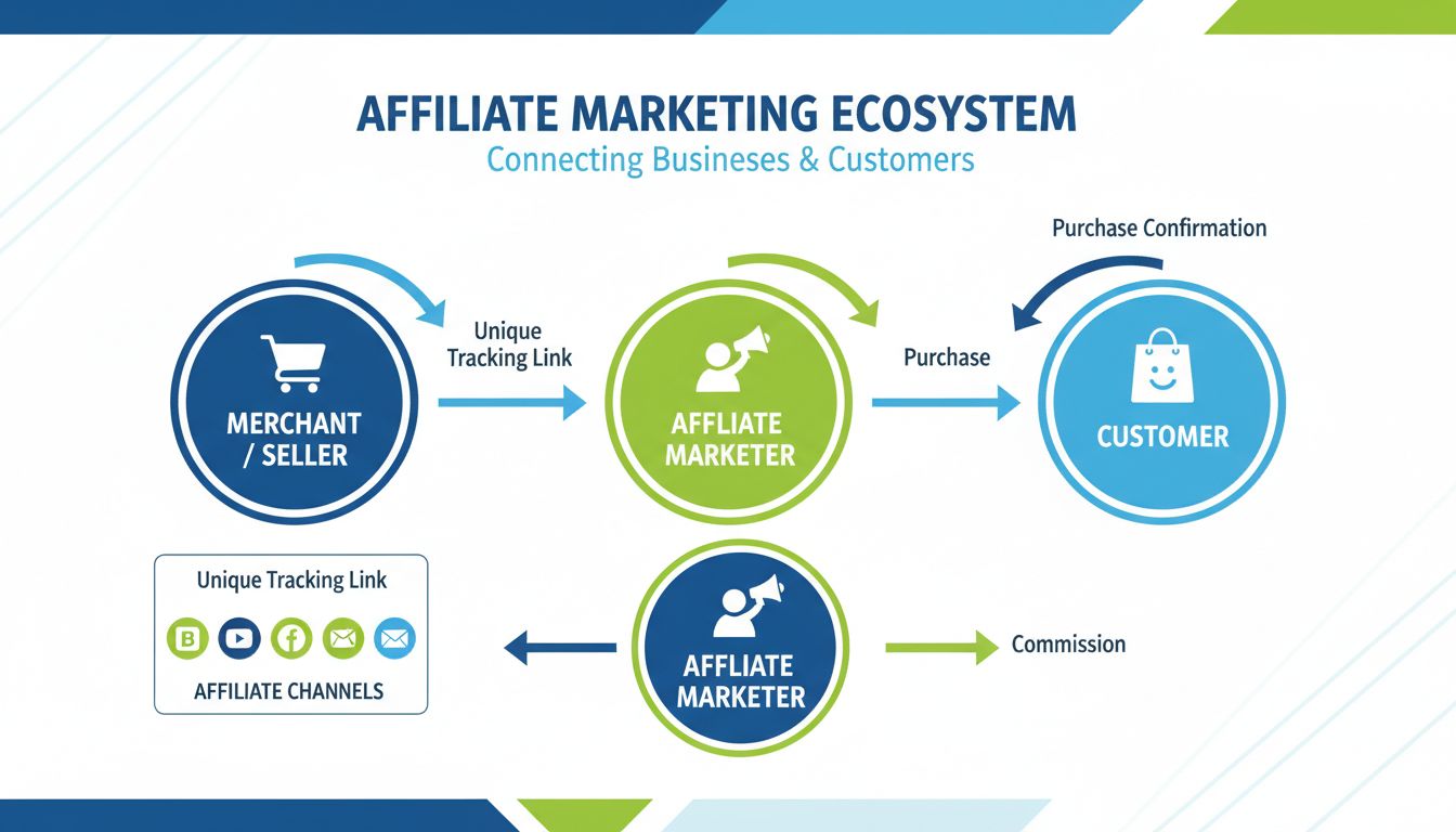 Affiliate-Marketing-Ökosystem zeigt Beziehungen zwischen Händler, Affiliate-Marketer und Kunden mit Tracking-Links und Provisionen