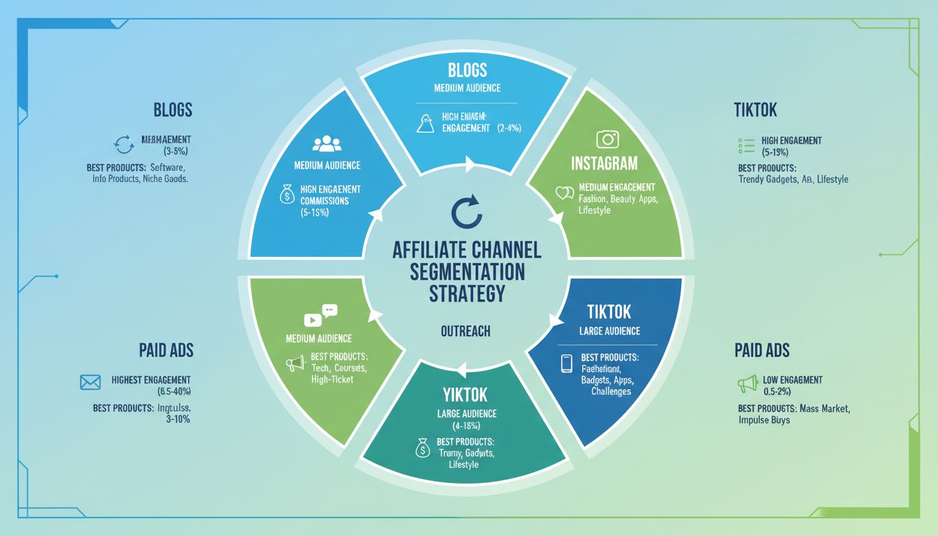 Strategie zur Segmentierung von Affiliate-Kanälen mit 6 Hauptkanälen, Engagement-Raten und Provisionssätzen