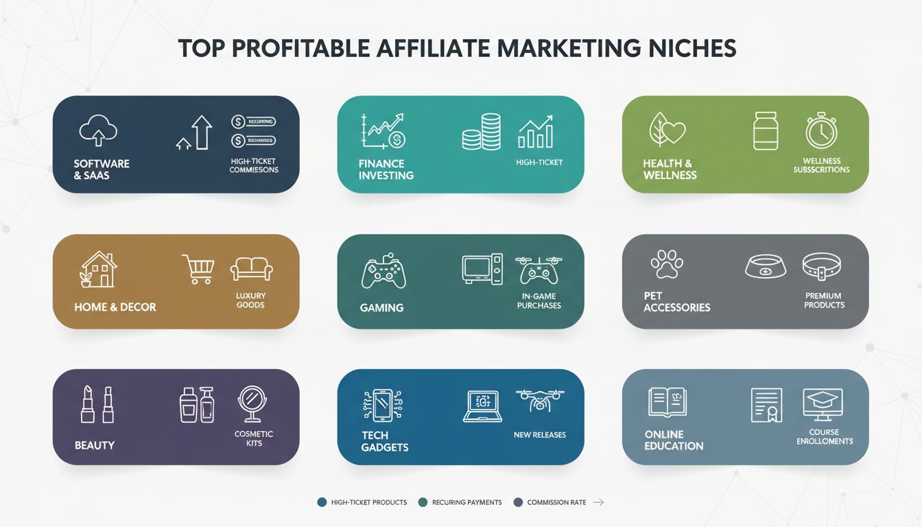 Infografik mit den profitabelsten Affiliate-Marketing-Nischen wie Software, Finanzen, Gesundheit, Gaming und mehr