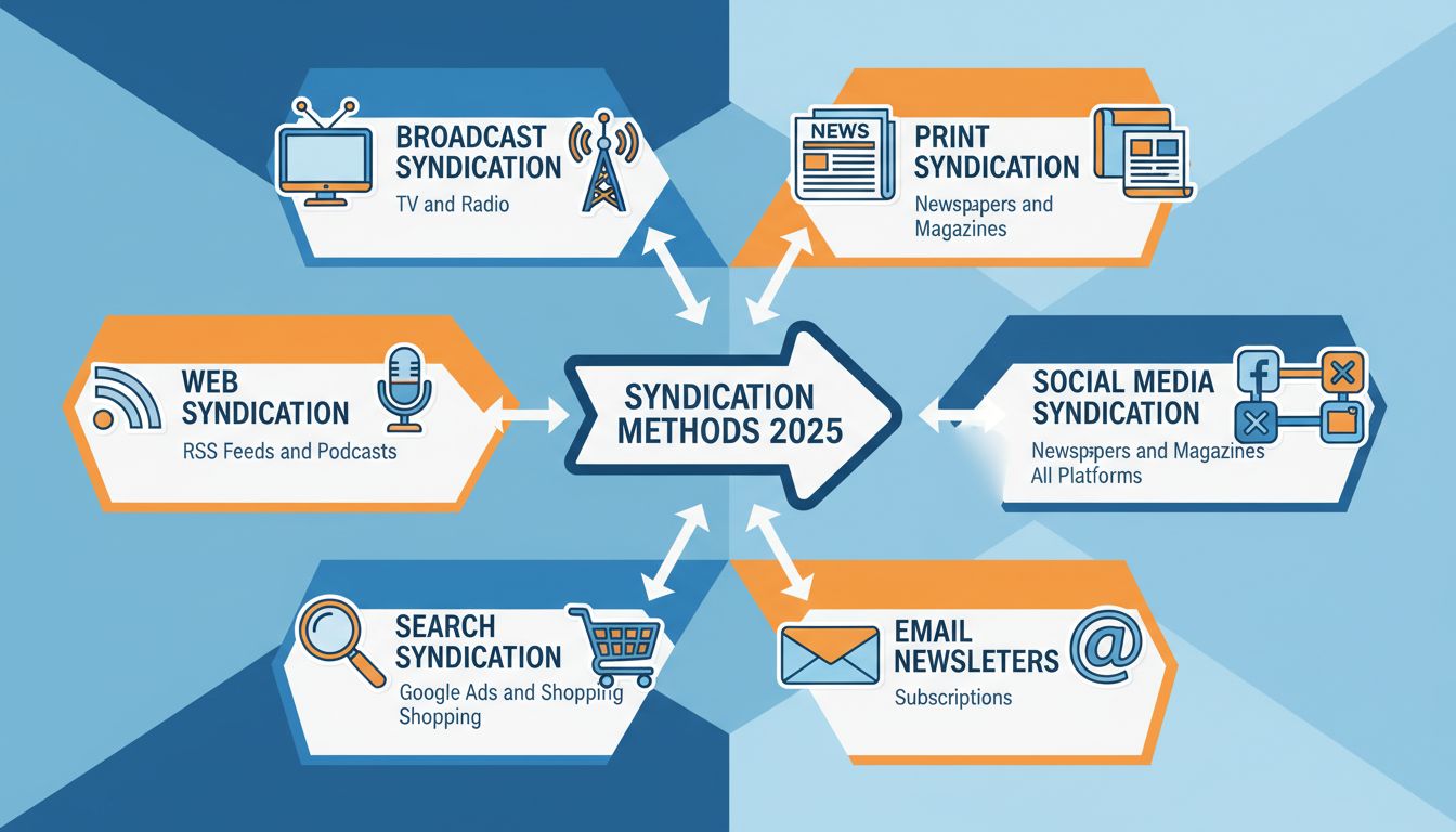 Infografik zeigt verschiedene Syndizierungsmethoden wie Rundfunk-, Web-, Such-, Print-, Social-Media- und E-Mail-Syndizierung