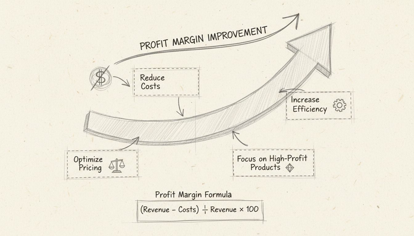 Diagramm zu Strategien zur Verbesserung der Gewinnspanne: Kostenreduktion, Preisoptimierung, Effizienzsteigerung und Fokus auf margenstarke Produkte