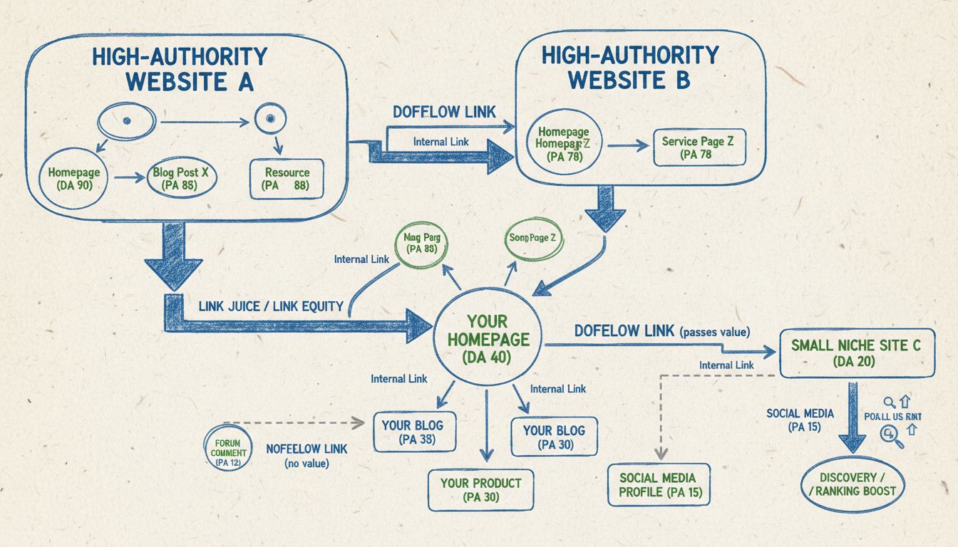 Technisches Diagramm, das den Link-Juice-Fluss im SEO mit Dofollow- und Nofollow-Links zeigt