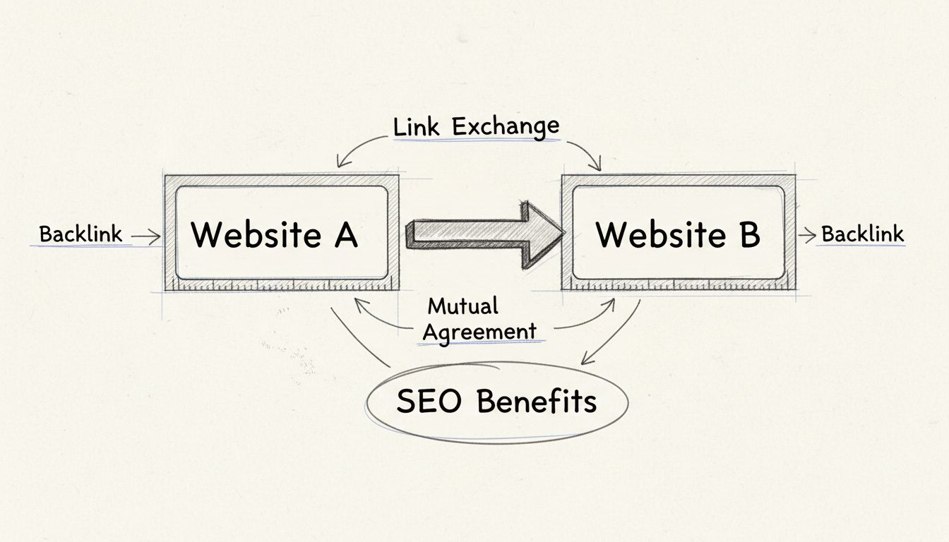 Handgezeichnetes Diagramm zeigt reziprokes Verlinken zwischen zwei Websites mit bidirektionalen Pfeilen und SEO-Vorteils-Markierungen