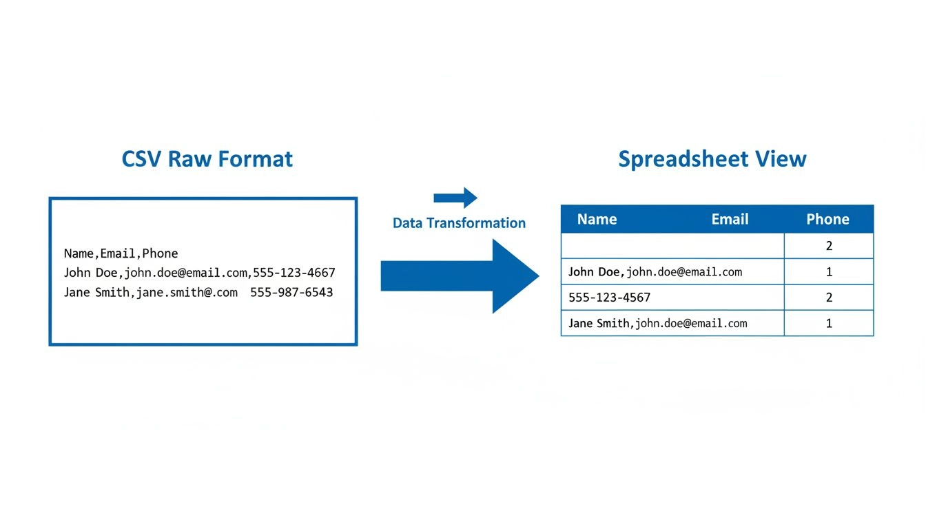 Diagramm zur CSV-Dateistruktur: Links Rohdaten im Komma-getrennten Format, rechts die Tabellenansicht mit Überschriften und Datenzeilen