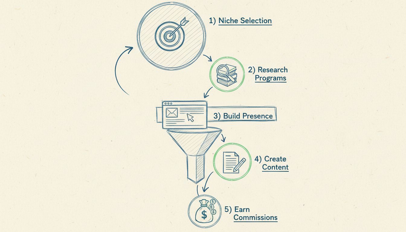 High-Ticket Affiliate Marketing Funnel mit 5 Phasen: Nischenwahl, Programmsuche, Präsenz aufbauen, Content erstellen und Provisionen verdienen
