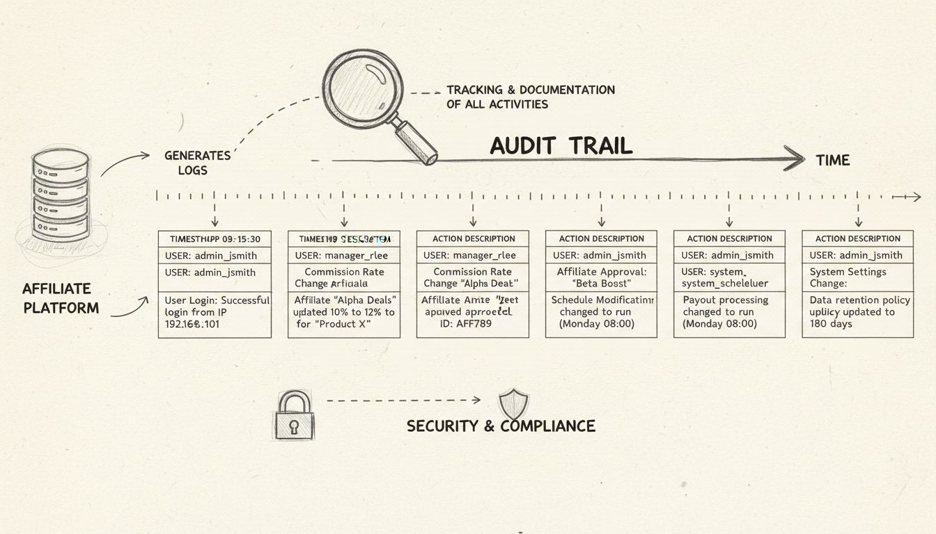 Handgezeichnetes Diagramm zeigt Audit-Log-Zeitleiste mit chronologischen Aufzeichnungen von Aktivitäten im Affiliate-Programm, darunter Nutzeranmeldungen, Provisionsänderungen, Affiliate-Freigaben und Systemmodifikationen