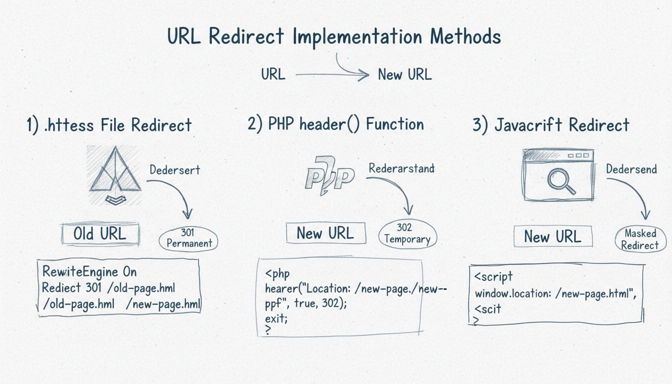 Diagramm zu Methoden der URL-Weiterleitungs-Implementierung mit .htaccess, PHP-header-Funktion und JavaScript-Weiterleitung, inklusive 301 permanent und 302 temporären Weiterleitungstypen