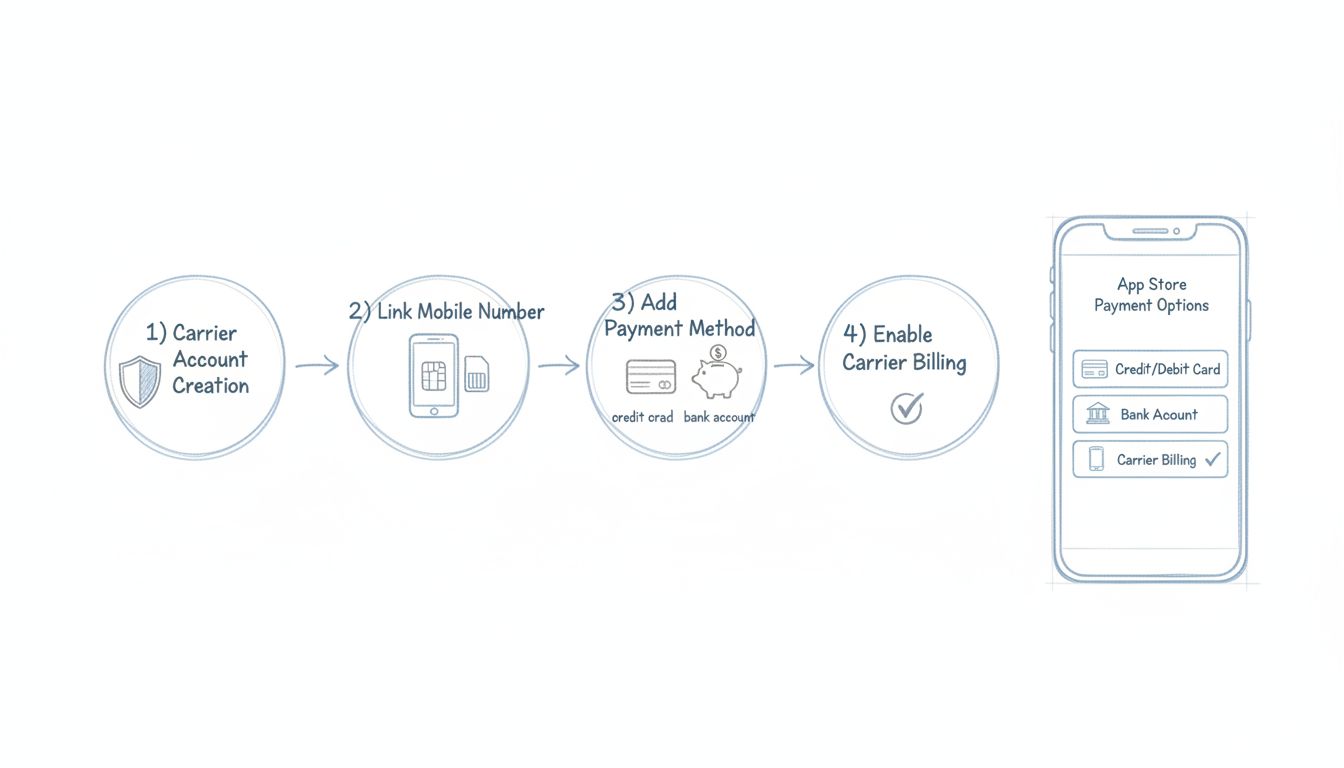 Diagramm des Einrichtungsprozesses für Mobile Abrechnung mit vier Schritten: Anbieter-Kontoerstellung, Handynummer verknüpfen, Zahlungsmethode hinzufügen und Anbieterabrechnung aktivieren