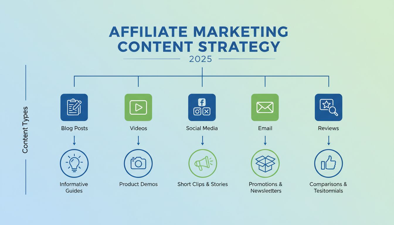 Affiliate marketing content types strategy infographic showing blog posts, videos, social media, email marketing, and product reviews