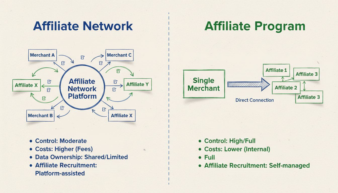 Vergleichsdiagramm, das die Struktur und Unterschiede von Affiliate-Netzwerk und Affiliate-Programm zeigt