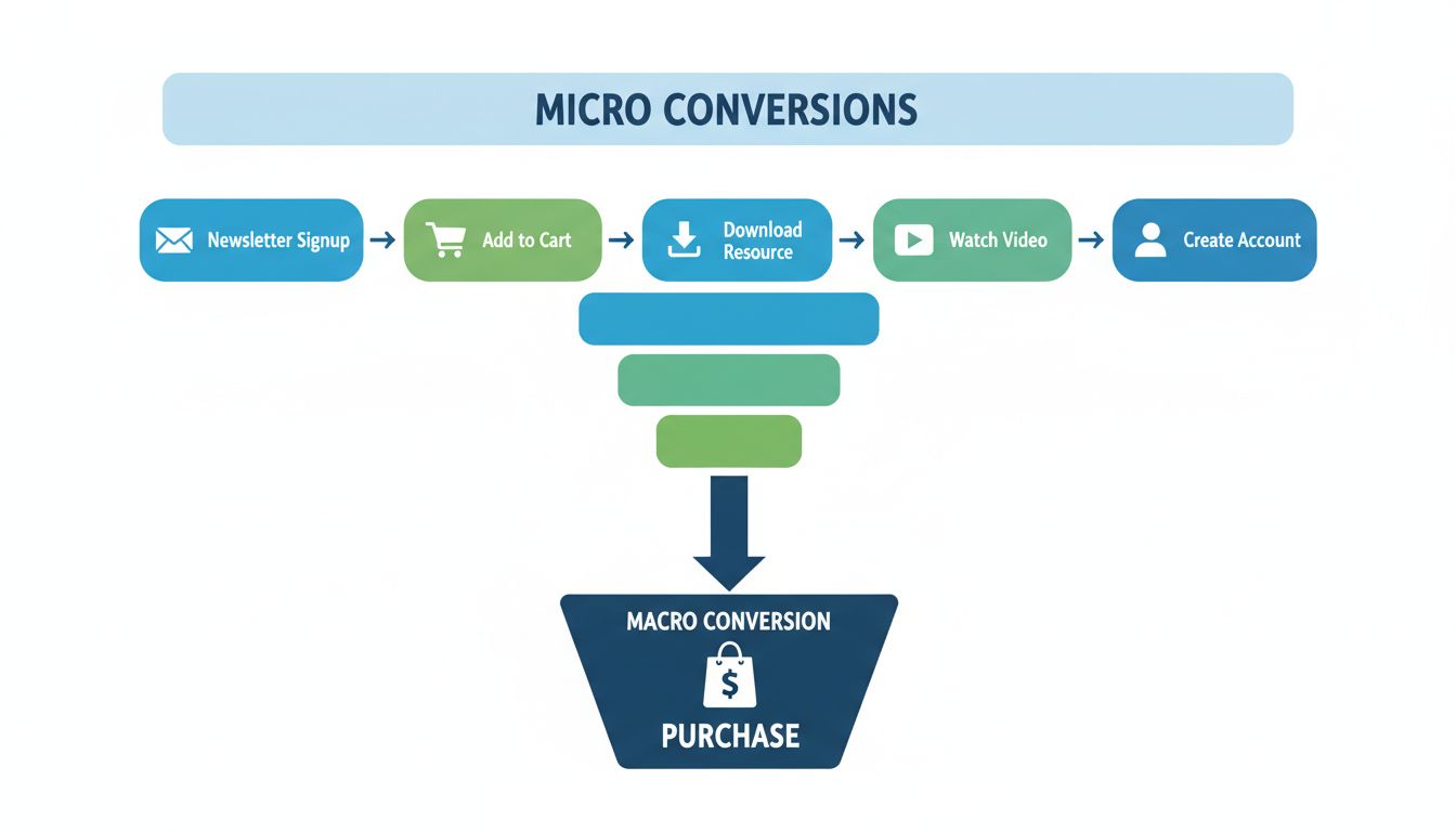 Mikro-Conversion-Funnel mit dem Verlauf von Newsletter-Anmeldung, In den Warenkorb legen, Ressource herunterladen, Video ansehen und Kontoerstellung bis hin zur Makro-Conversion (Kauf)