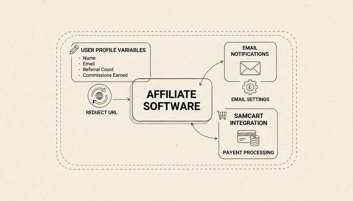 Technisches Diagramm zeigt Benutzerprofilvariablen, E-Mail-Benachrichtigungen und Samcart-Integrationsfunktionen in Affiliate-Software