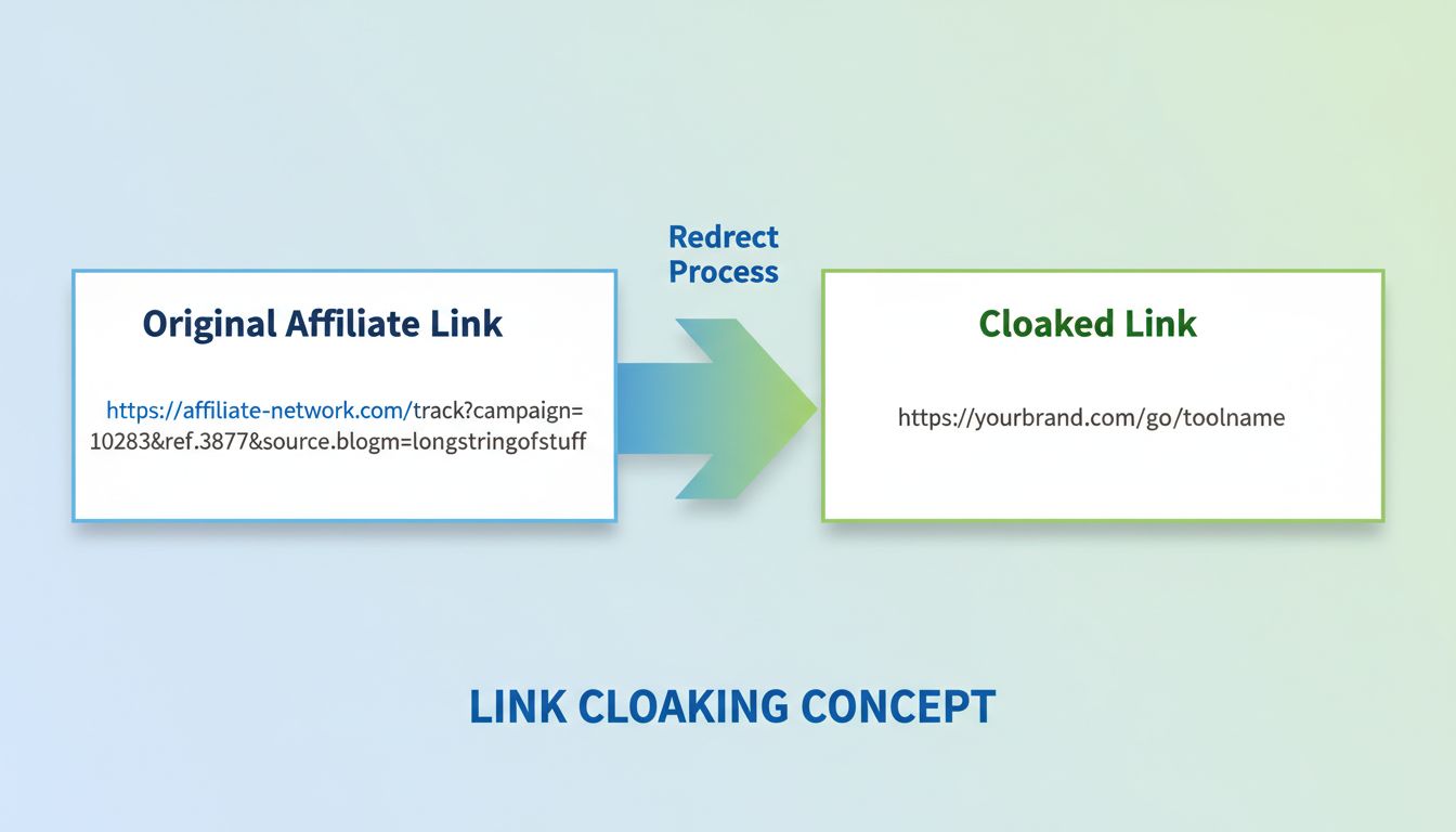 Diagramm zum Link Cloaking: Umwandlung von langer Affiliate-URL in eine saubere, gebrandete URL