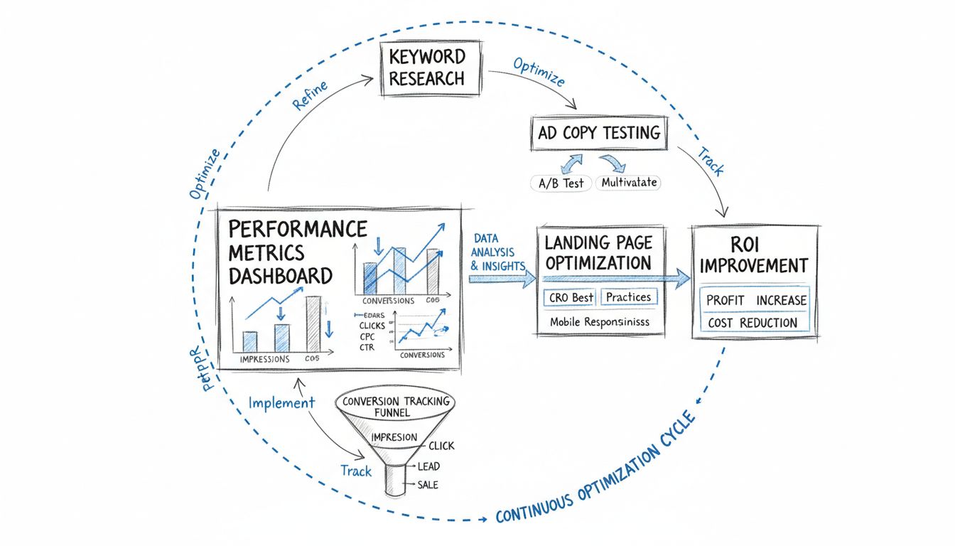 PPC-Kampagnenoptimierungs-Workflow-Diagramm mit Keyword-Recherche, Anzeigentests, Landingpage-Optimierung, Metrik-Tracking und ROI-Verbesserungszyklus