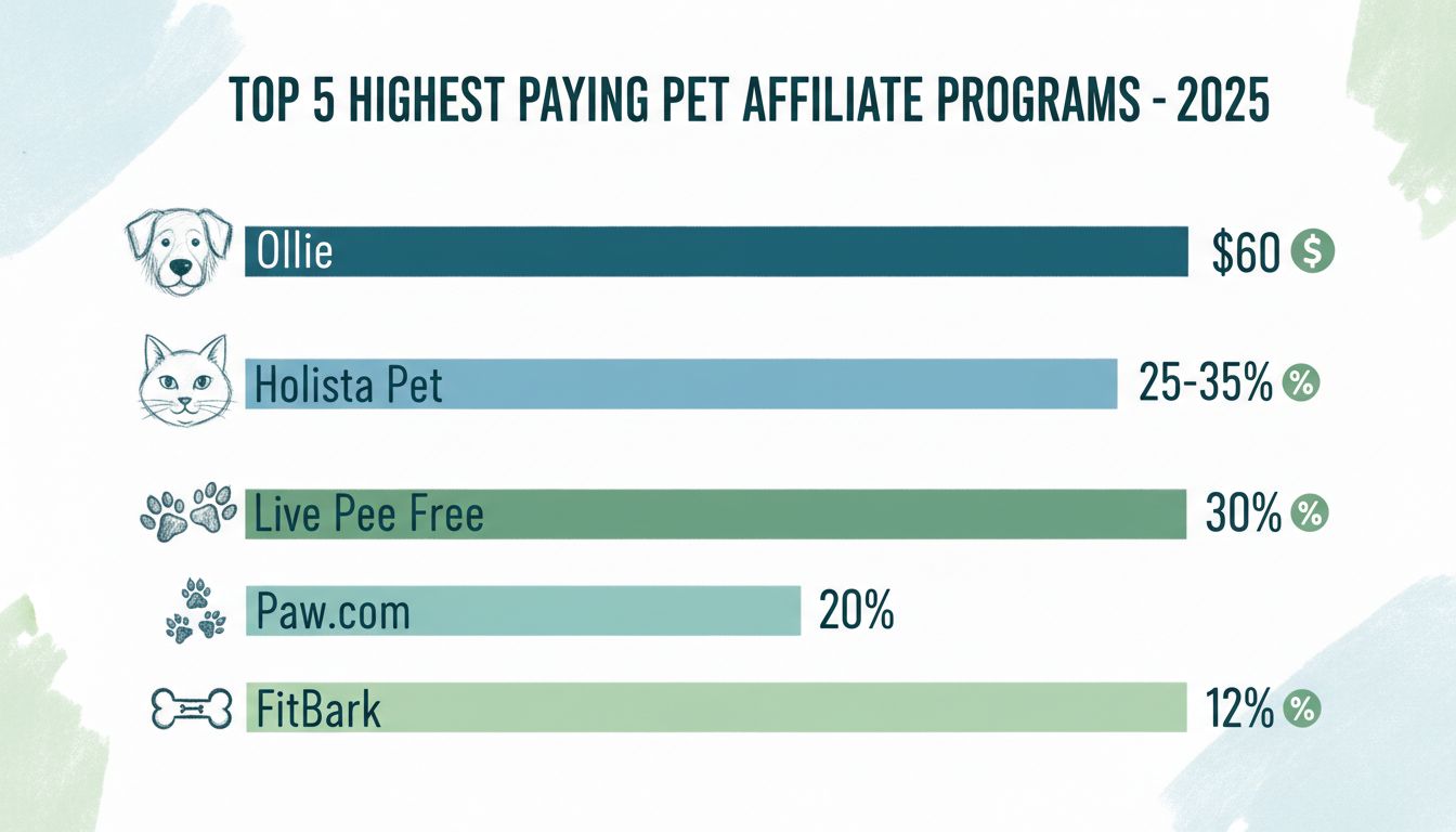 Top 5 bestbezahlte Haustier-Affiliate-Programme 2025 Vergleichs-Infografik mit Ollie 60 $, Holista Pet 25–35 %, Live Pee Free 30 %, Paw.com 20 % und FitBark 12 % Provisionssätzen