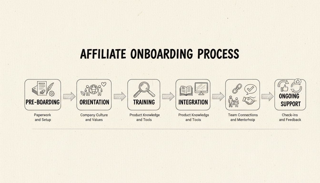 Ablaufdiagramm des Affiliate-Onboarding-Prozesses mit fünf Phasen: Pre-Boarding, Orientierung, Training, Integration und fortlaufende Unterstützung