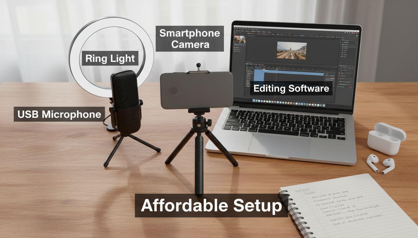 Günstiges Setup zur Videoproduktion: Smartphone auf Stativ, USB-Mikrofon, Ringlicht und Laptop zum Bearbeiten