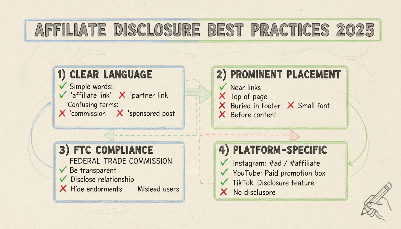 Infografik zu Best Practices für Affiliate-Offenlegungen: klare Sprache, auffällige Platzierung, FTC-Konformität und plattformspezifische Anforderungen