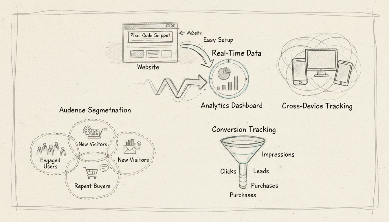 Infografik zeigt Vorteile des Pixel-Trackings wie einfache Einrichtung, Echtzeit-Datenerfassung, Cross-Device-Tracking, Conversion-Tracking und Zielgruppensegmentierung