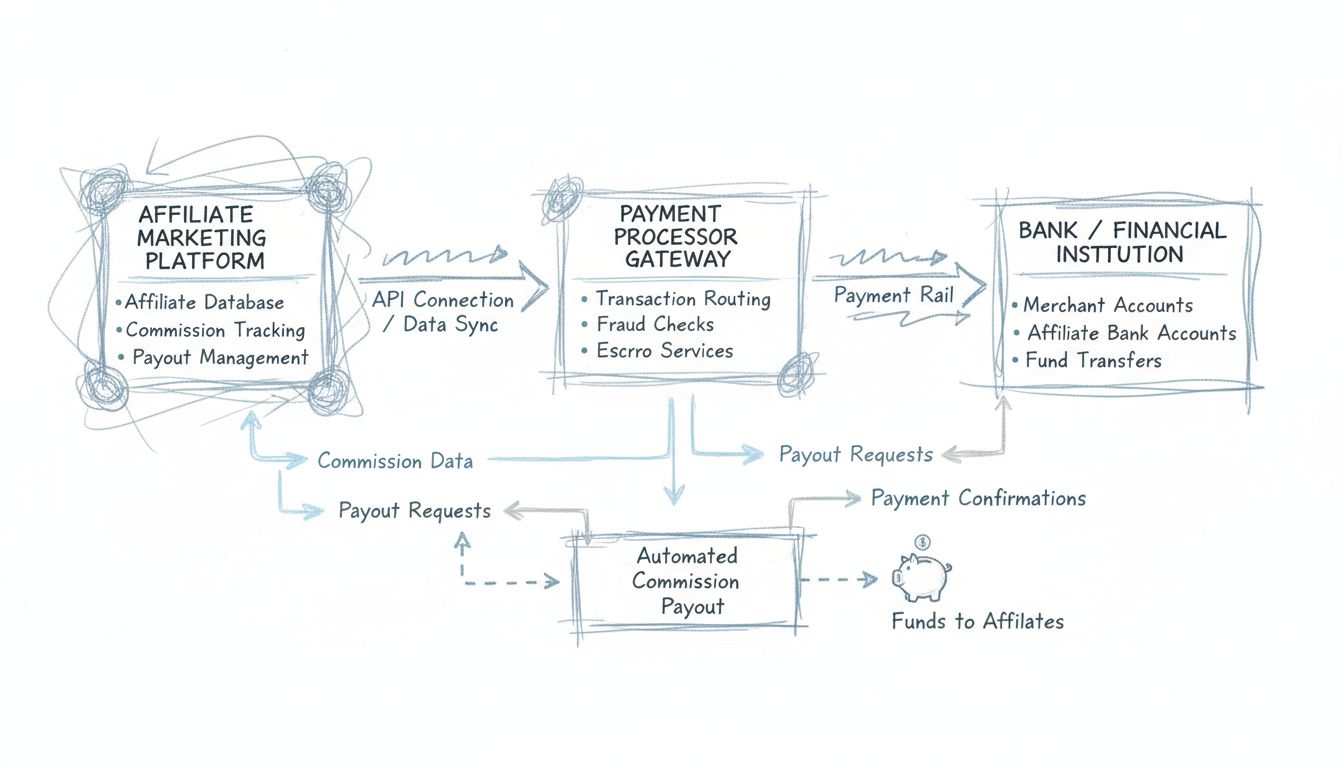 Diagramm zum Workflow der Zahlungsabwickler-Integration, das eine Verbindung der Affiliate-Marketing-Plattform mit Zahlungs-Gateway und Finanzinstitut zeigt