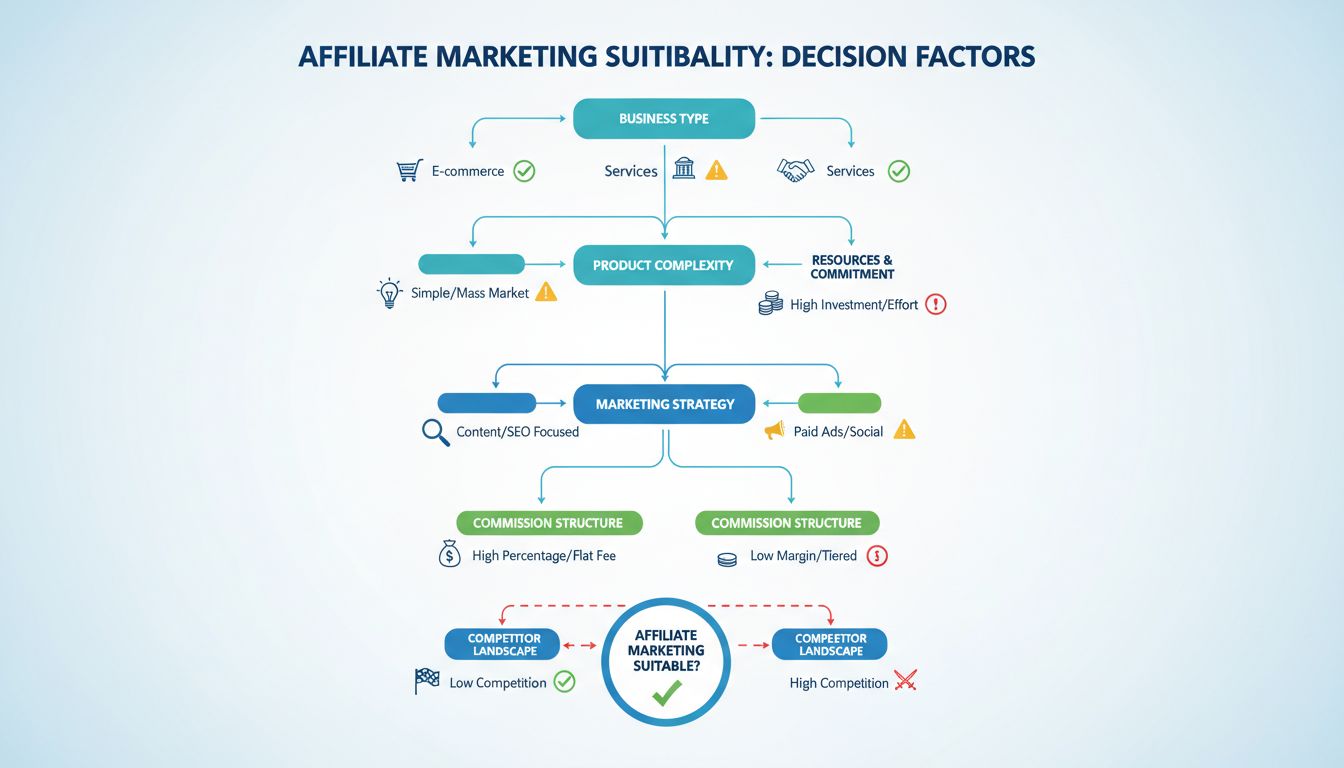 Entscheidungsfaktoren für die Eignung von Affiliate-Marketing, darunter Unternehmenstyp, Produktkomplexität, Ressourcen, Marketingstrategie, Provisionsstruktur und Wettbewerbsumfeld