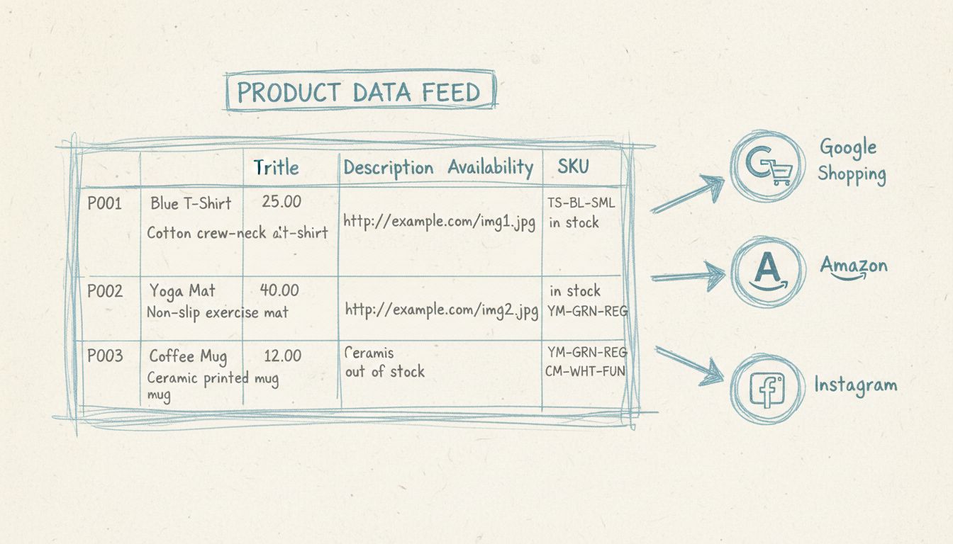 Produkt-Feed-Strukturdiagramm mit Tabelle und Produktdaten, die an mehrere Plattformen fließen