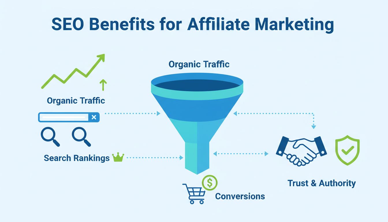SEO-Vorteile für Affiliate-Marketing: Infografik mit organischem Traffic-Wachstum, Suchrankings, Conversions und Vertrauensaufbau