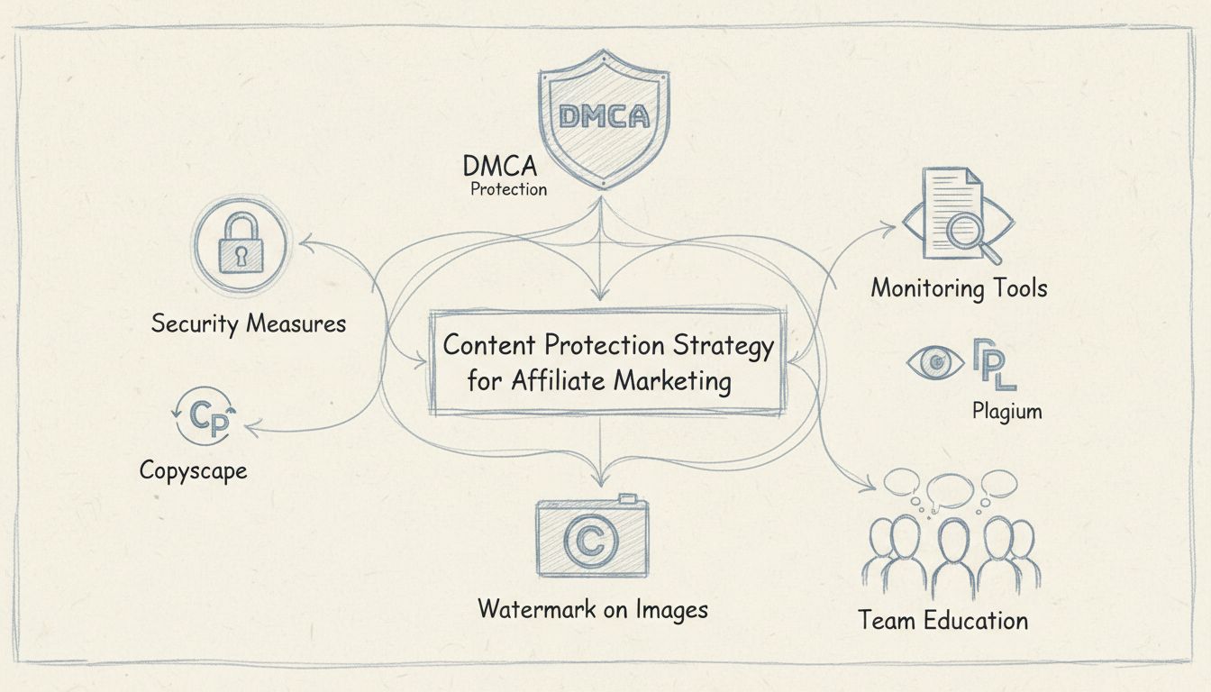 Diagramm einer Content-Schutzstrategie mit Sicherheitsschloss, DMCA-Schild, Überwachungstools, Copyright-Hinweis, Wasserzeichen und Methoden zur Teamausbildung