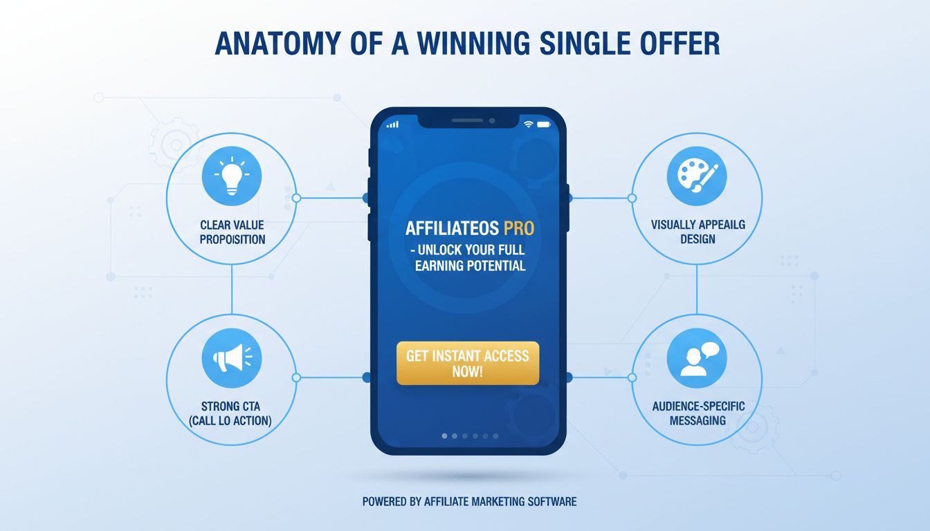 Infografik mit Schlüsselkomponenten effektiver Einzelangebote inklusive Nutzenversprechen, visueller Attraktivität, CTA und Zielgruppenansprache