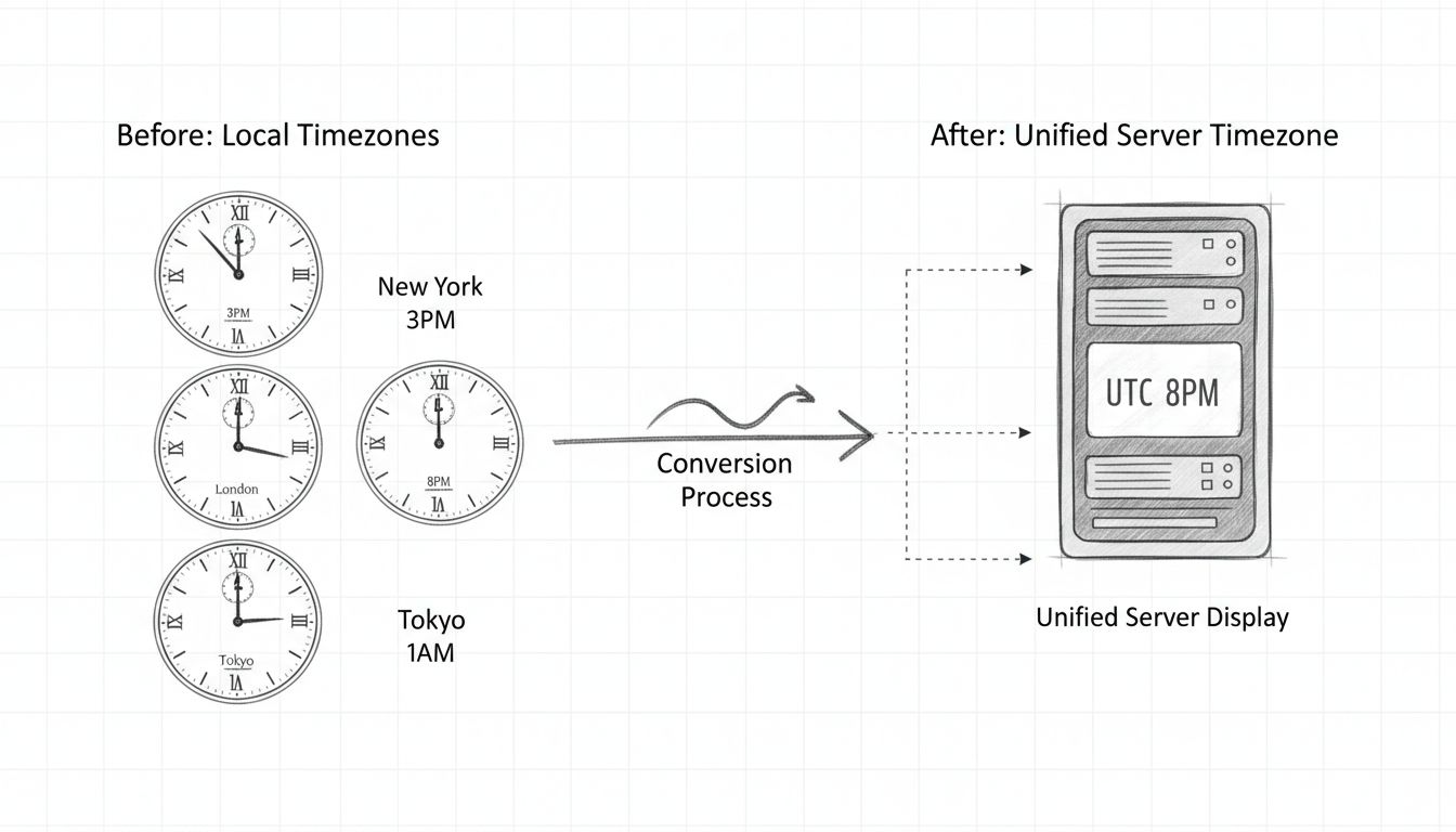 Diagramm zur Zeitzonenvereinheitlichung, das zeigt, wie mehrere lokale Zeitzonen in eine einheitliche Serverzeitzone umgewandelt werden