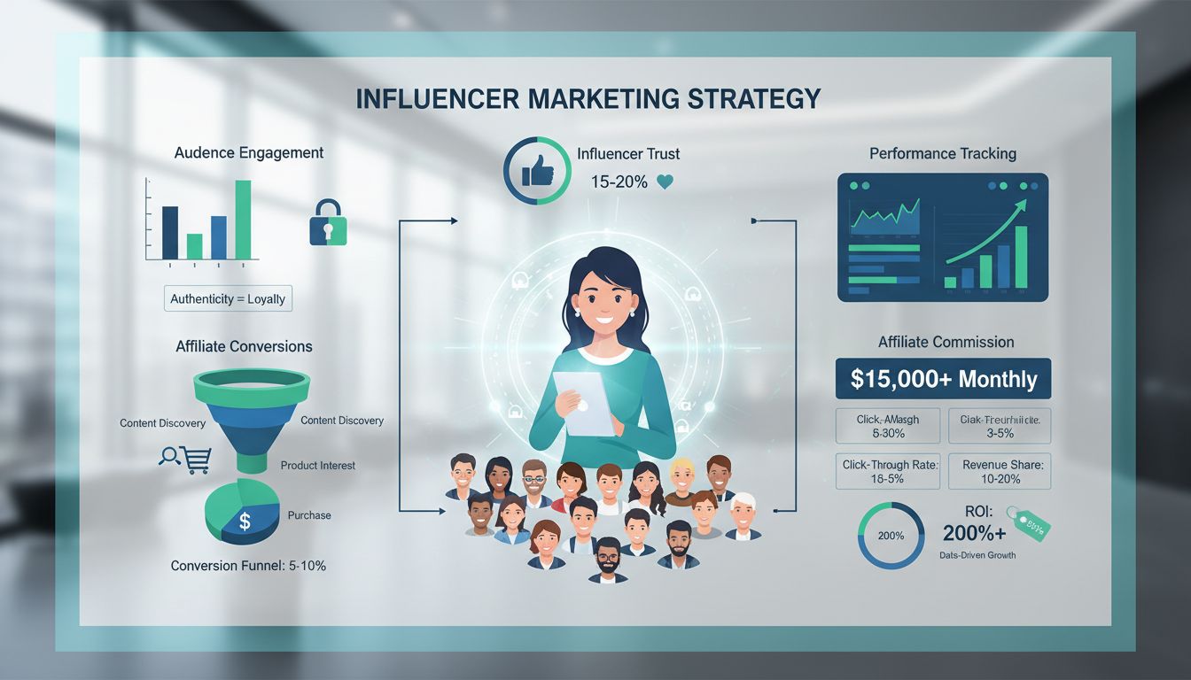 Influencer-Marketing-Strategie zeigt Vertrauen, Zielgruppen-Engagement, Affiliate-Conversions und Performance-Tracking-Metriken